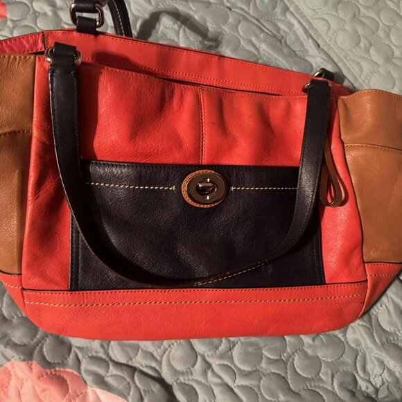 Coach Park Color Block Carrie Tote Bag Orangish Red Blue Brown Leather Purse - Picture 3 of 4